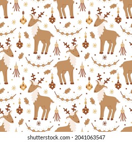 Vector Christmas seamless patterns with  reindeers, boho baubles, garlands and snowflakes on white. Great for fabrics, wrapping papers, covers. Hand drawn flat illustration in earth tones.