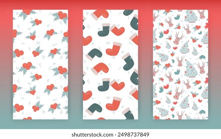 Vector Christmas seamless patterns set. New Year hand drawn print. Deer, fir tree, many holly leaves, big socks. Cute design. Winter holiday concept. Art element for packaging layout, kids card, cover