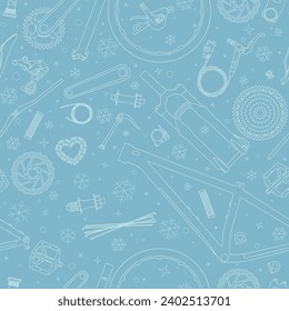 Vector Christmas seamless texture made of individual parts of a bicycle and snowflakes. Blue background. 