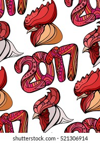 Vector Christmas seamless texture with the number 2017 and rooster decorated boho pattern. Doodle background for your creativity