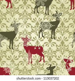 Vector Christmas  Seamless Vintage Wallpaper Pattern With Falling Snowflakes And Deers, Fully Editable Eps 8 File With Clipping Mask And Patterns In Swatch Menu