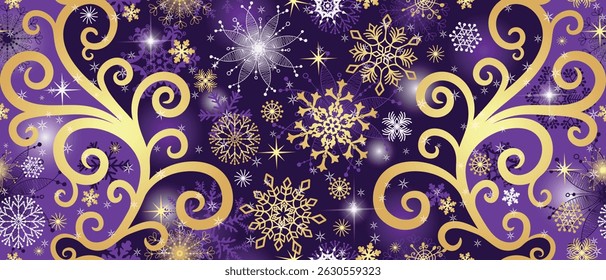 Vetor Natal padrão violeta sem costura com flocos de neve vintage dourado e branco. Para têxteis, papel de parede e embalagens