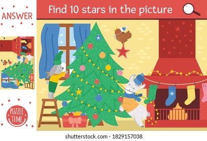Vector Christmas searching game with cute animals and fir tree. Find hidden stars in the picture. Simple fun educational winter printable activity for kids.
