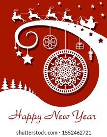 A vector Christmas season card with white paper cut snowflake star ornament toys and silhouette of Santa riding a four deer sleigh against red background
