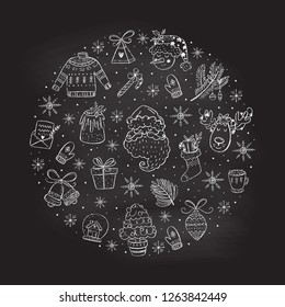 Vector Christmas season icons made in circle. Chalkboard effect. Santa Claus, reindeer, snow man, cute Christmas decorations. Greeting card, Scrapbooking, infographics.