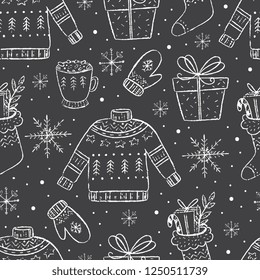 Vector Christmas season seamless pattern. Chalkboard effect. Holiday sweater, socks, mug, cute Christmas decorations. Scrapbooking, infographics.