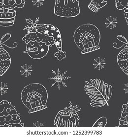 Vector Christmas season seamless pattern. Chalkboard effect. Bells, ball, snow man, cute Christmas decorations. Scrapbooking, infographics.