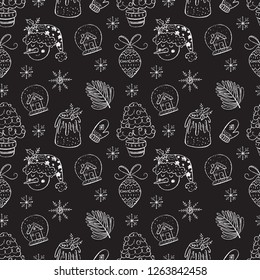 Vector Christmas season seamless pattern. Chalkboard effect. Bells, ball, snow man, cute Christmas decorations. Scrapbooking, infographics.