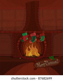 Vector Christmas series. Beautiful fireplace with fire burning and three stockings waiting for Santa Claus. Available space for your text