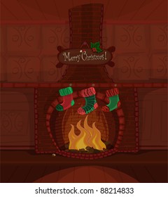 Vector Christmas series. Beautiful fireplace with fire burning and three stockings waiting for Santa Claus. Available space for your text