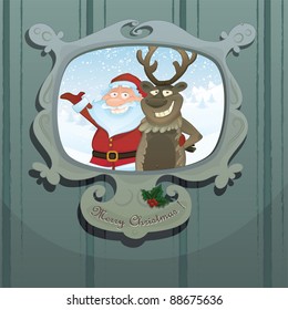 Vector Christmas series. Funny Santa Claus and reindeer in a picture frame