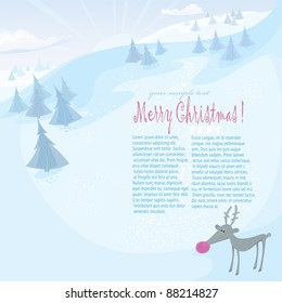 Vector Christmas series. Holiday greeting card with reindeer and frozen forest in the mountains.