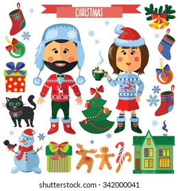 Vector Christmas set with bearded man, his girlfriend and cat. 