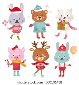 Vector Christmas set with a beautiful animals. Funny character collections. Rabbit, bear, cat, pig and deer in bright warm clothes. Simple and cute style.