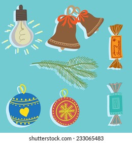 Vector christmas set with bells, balls, sweets and garlands