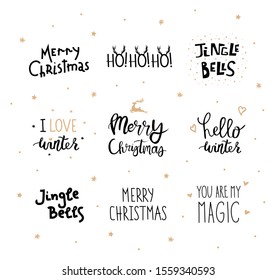 Vector Christmas set black hand lettering with snow, deer, stars, heart isolated of white background.