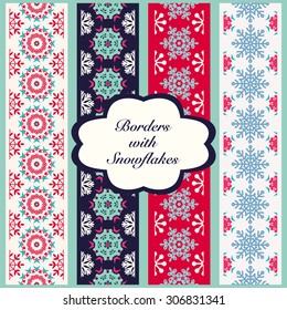 Vector Christmas Set of Borders with Snowflakes. Holiday festive ribbons illustration