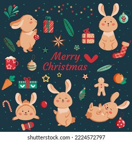 Vector Christmas set with bunnies, presents, Christmas balls, ginger man and Christmas tree
