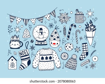 Vector Christmas set of cartoon design elements. Christmas and holiday decorations - cute snowman, bunting flags, knitted hat, sweater, stocking, snow globe, cups. Hand drawn festive doodles. 