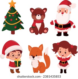  conjunto de navidades vectoriales. niños para Navidad. árbol de navidad de dibujos animados, animales