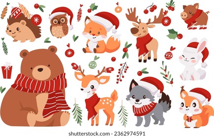 Vector Christmas Set. Cute animals in Christmas costumes, Santa Claus hats, scarves and mittens. Spruce branches, Christmas balls and presents. Bear deer hare wolf owl squirrel fox elk hedgehog wild b