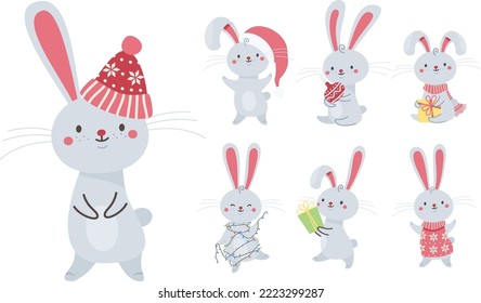 Vector de Navidad. Hermosos conejitos navideños en chándales y sombreros. Bunny en una caja de regalo y con regalos 