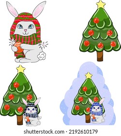 Vector Christmas set. Cute bunny and  Xmas tree. New Year, snow, snowflakes and cute rabbit.  nursery print for card, decoration, greeting, gift, textile. hand drawn vector rabbit