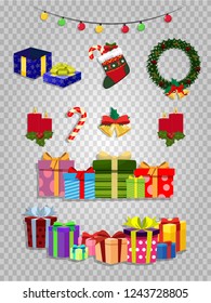 Vector Christmas set of cute cartoon festive attributes isolated on transparent background. Gifts, candles, wreath, sock with presents, lights, bells. Xmas decoration design elements for greeting card
