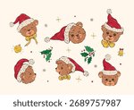 Vector Christmas Set of Cute Funny Teddy Bears Faces in Santa Hat