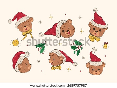 Vector Christmas Set of Cute Funny Teddy Bears Faces in Santa Hat