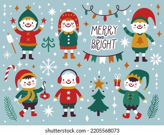 Vector Christmas set with cute snowmen, snowflakes, holiday decorations. Winter set with cartoon characters and text “Merry and bright”. Snowman in winter clothing. Kids background.