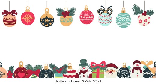 Vector Christmas set of decorative Christmas ornament  balls, snowman, holly, gift box.