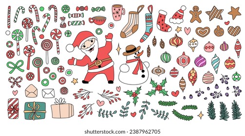 Vector Christmas set, doodle, cartoon style. Hand drawn, colorful elements isolated on white background. Holiday decorations.