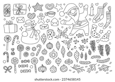Vector Christmas set, doodle style. Hand drawn elements isolated on white background. Holiday decorations.