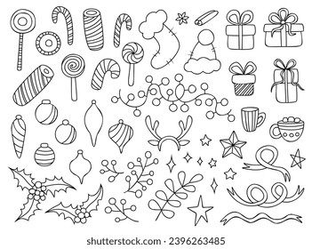 Vector Christmas set, doodle style. Hand drawn elements isolated on white background. Holiday decorations.