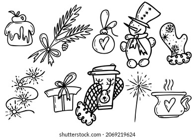 Vector christmas set of doodles with christmas ball, tree, fir snowman, gift box, garland, light, cup in sketch style. Set of new year icons on white background