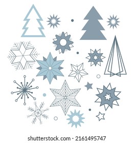 Vector Christmas set of fir trees and snowflakes on a white background.