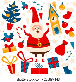 Vector Christmas set in a flat style. Santa Claus and Christmas items. Christmas tree, gifts, mistletoe, kokolokolchik, snow - and other items. Flat design.