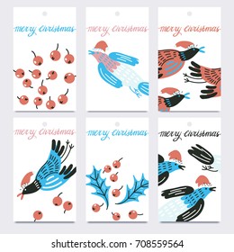 Vector christmas set of funny cards with birds and holly berries
