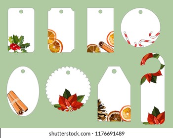Vector Christmas set of gift tags with dried orange, cinnamon stick, candy cane, poinsettia, Holly, cone.