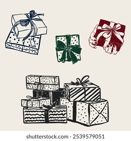 Vector Christmas set of gift-boxes. Hand-drawn vintage compositions isolated on beige background. Illustration for design, print, fabric or background.