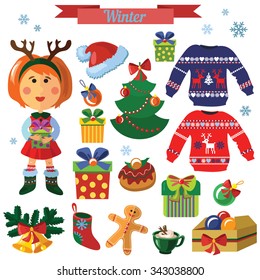 Vector Christmas set with girl and gifts 