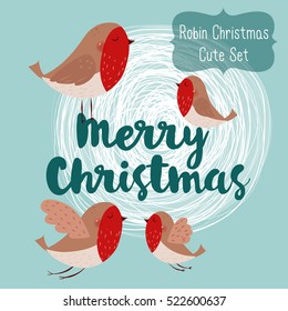 Vector Christmas set for greeting card and others designs. Little cute robin. Merry Christmas lettering, vector illustration. Holidays lettering with a robin on a winter snow background. 