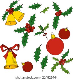 Vector Christmas Set Of Hand Drawn Design Elements, Leaves Of Holly And Bells
