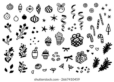 Vector Christmas set, hand drawn doodles: sweets, gift boxes, bulbs, branches, candy canes, snowflakes and serpentine. Hand drawn elements isolated on white background. Holiday decorations.