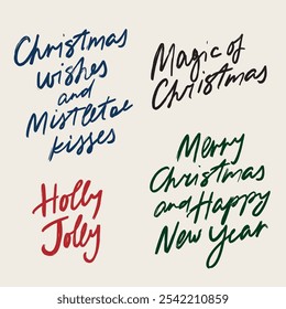 Conjunto de Navidades de Vector escritas a mano. Letras vintage dibujadas a mano aisladas sobre fondo beige. Ilustración para diseño, impresión, tela o fondo.
