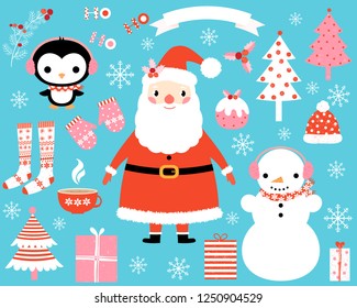 Vector Christmas set with holiday clothes and elements, Santa Claus, cute penguin, snowman for backgrounds, greeting cards and decor