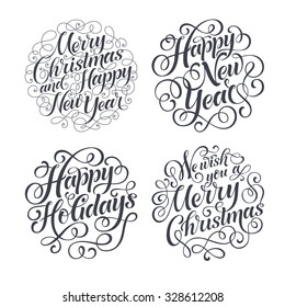 Vector Christmas set of holidays lettering. Merry Christmas and Happy New Year text lettering for invitation and greeting card, prints and posters. Hand drawn typographic inscriptions