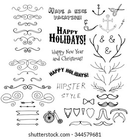 Vector Christmas set of holidays lettering and hipster hand drawn design elements in one.