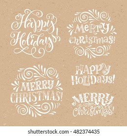 Vector christmas set of holidays lettering. Merry Christmas and Happy New Year text lettering for invitation and greeting card, prints and posters. Hand drawn typography on craft paper background